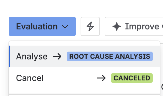 The status menu, moving the CAPA from Evaluation to Root cause analysis, with Cancel as the other option.