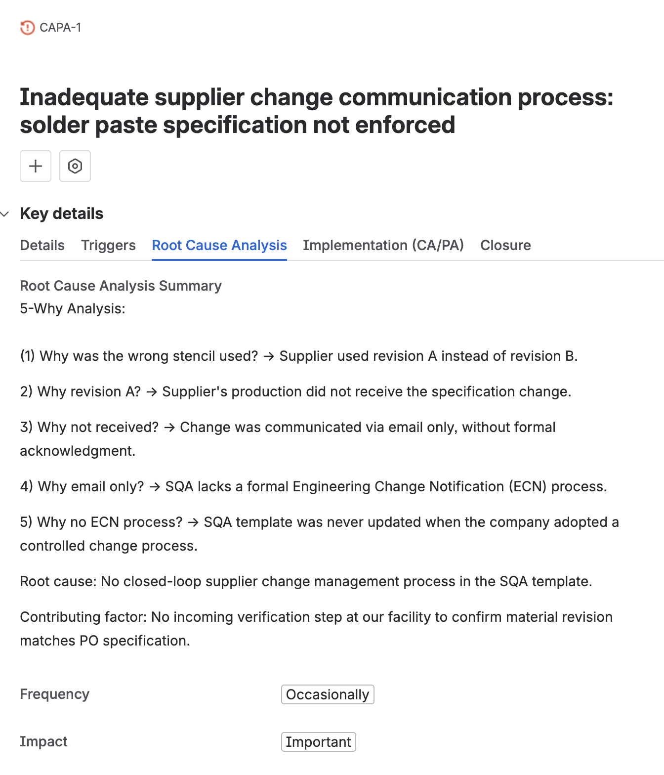 The root cause analysis tab, with a 5-Why analysis filled in under root cause analysis summary, and the frequency and impact fields below it.