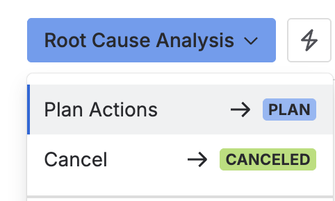 The status menu, moving the CAPA from Root cause analysis to Plan, with Cancel as the other option.