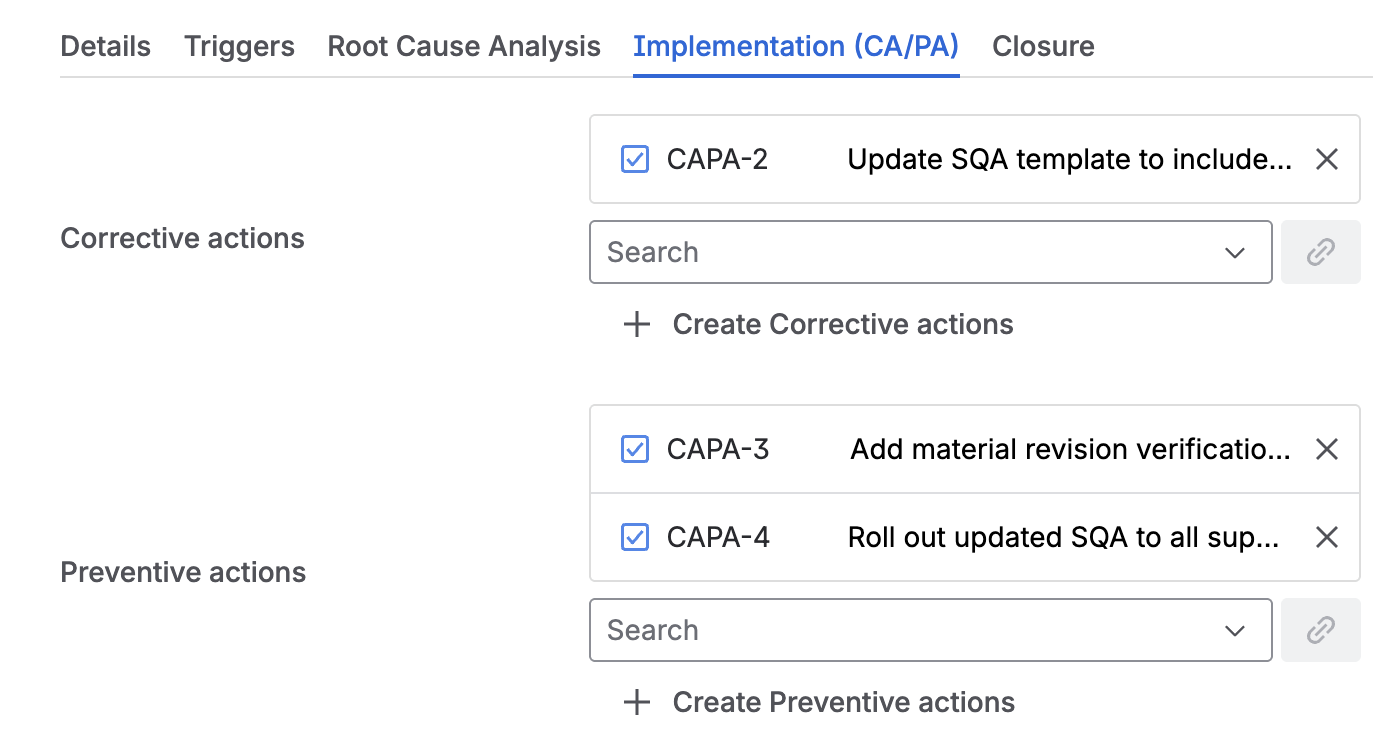 The implementation tab, with one corrective action and two preventive actions linked, and search fields to link or create more.