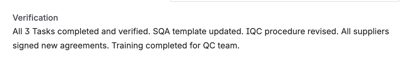 The verification field, filled in with confirmation that the tasks were completed and the documents and agreements updated.