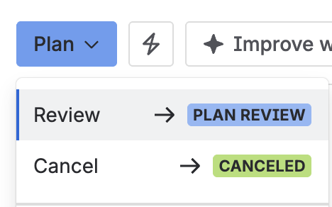 The status menu, moving the CAPA from Plan to Plan review.