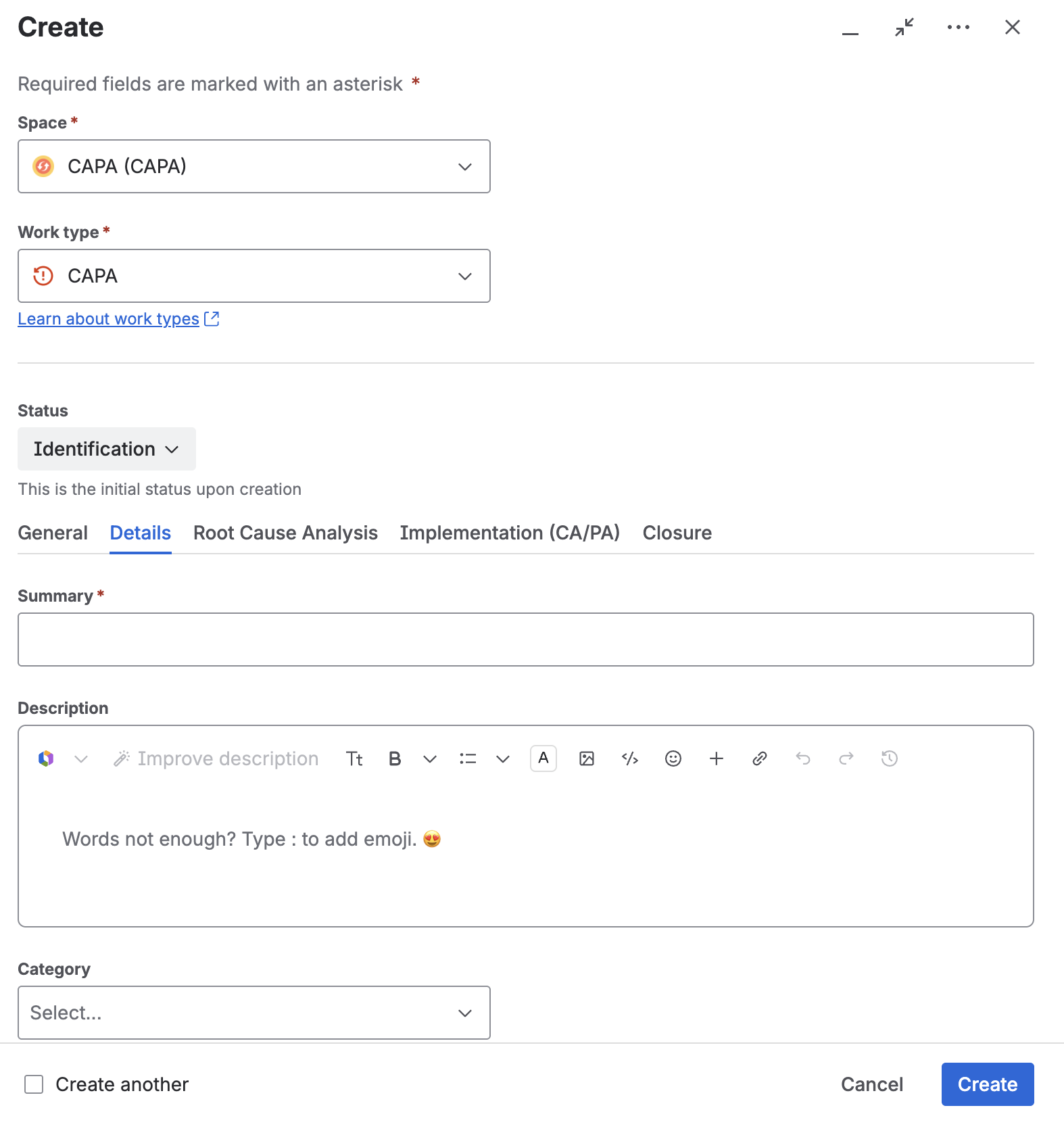 The create dialog, with the CAPA (CAPA) space, the CAPA work type, the initial status Identification, and the summary and description fields.