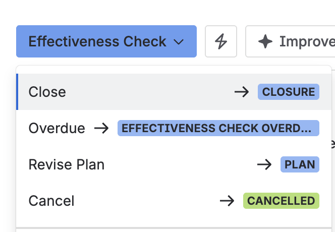 The status menu on a CAPA in Effectiveness check, with Close, Overdue, Revise plan, and Cancel as the options.