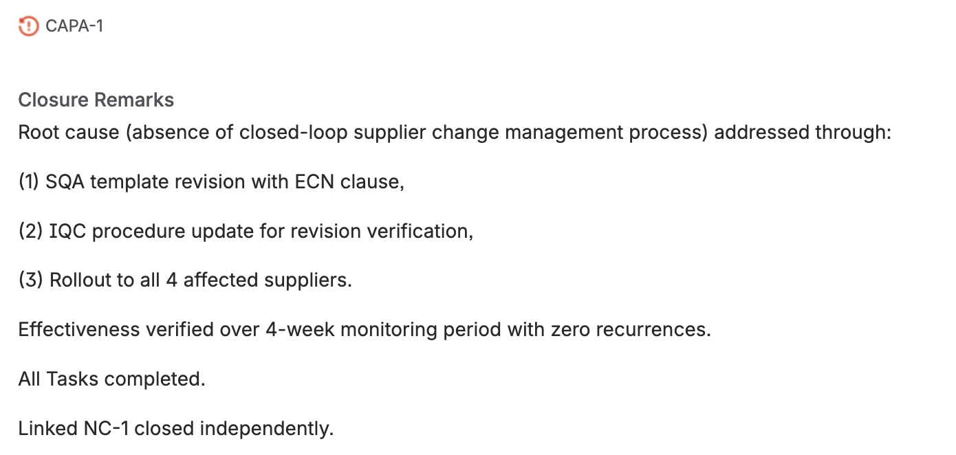 The closure remarks field, filled in with a summary of the root cause fix and the effectiveness result.