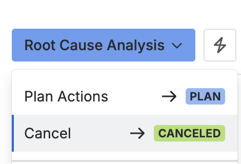The status menu on a CAPA in Root cause analysis, with Cancel available alongside Plan actions.