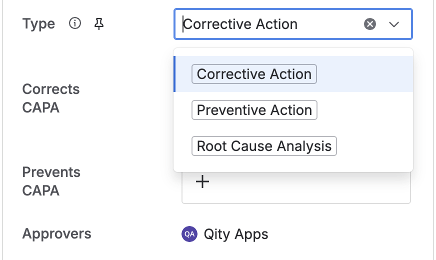 The task’s type field, with Corrective action, Preventive action, and Root cause analysis as the options, plus the corrects and prevents CAPA links and the approvers field.