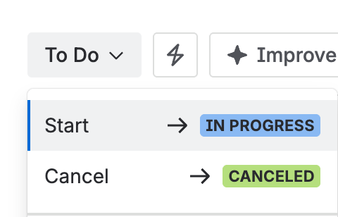 The status menu on a task, with Start moving it from To do to In progress.