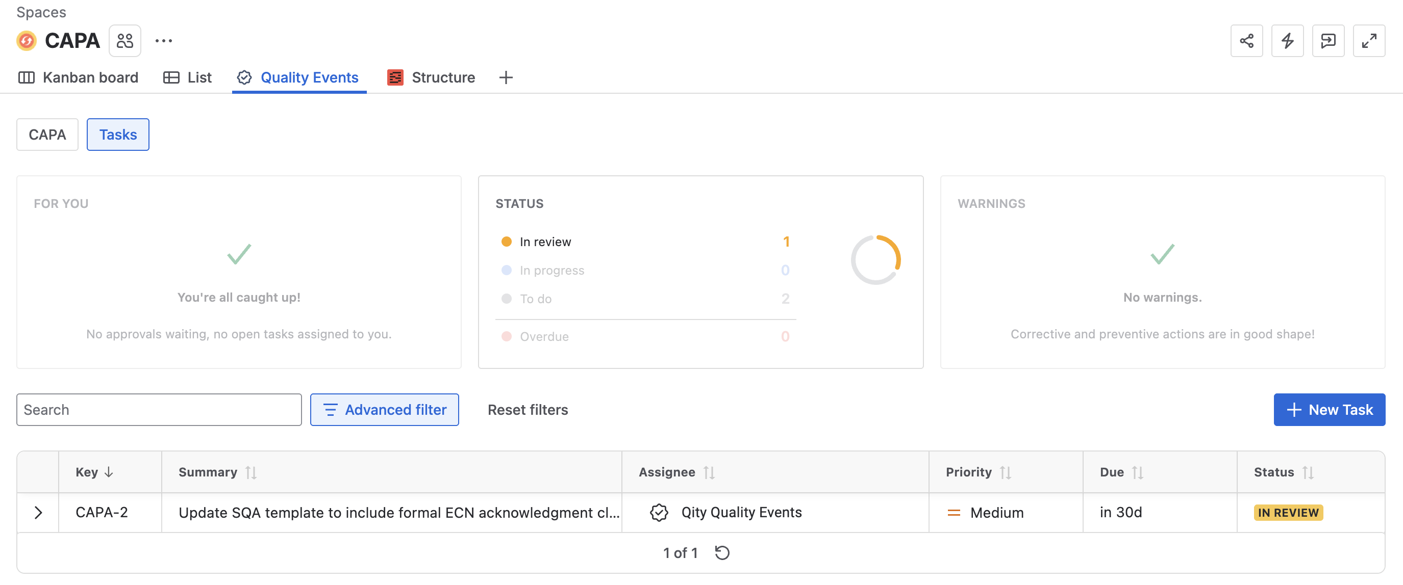 The Tasks sub-tab on the Quality Events tab, with summary panels and a table listing each task and its status.