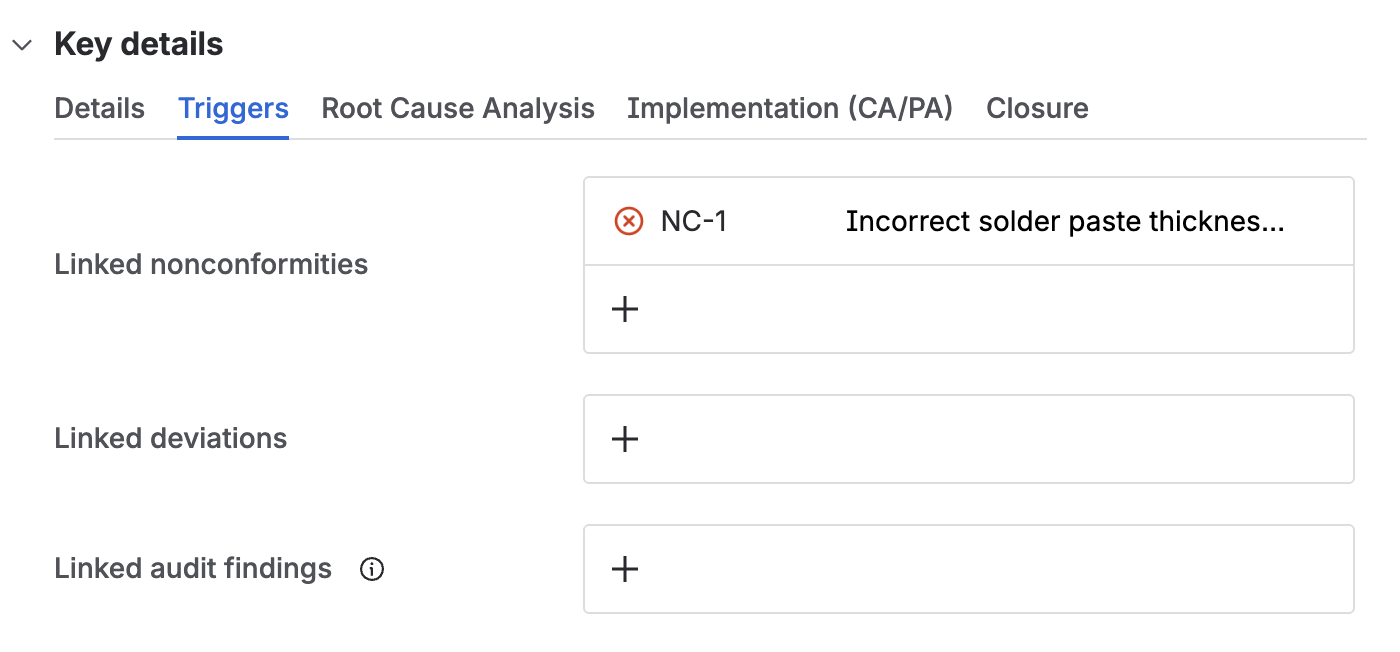 The triggers tab, with a nonconformity already linked, and empty link fields for deviations and audit findings.