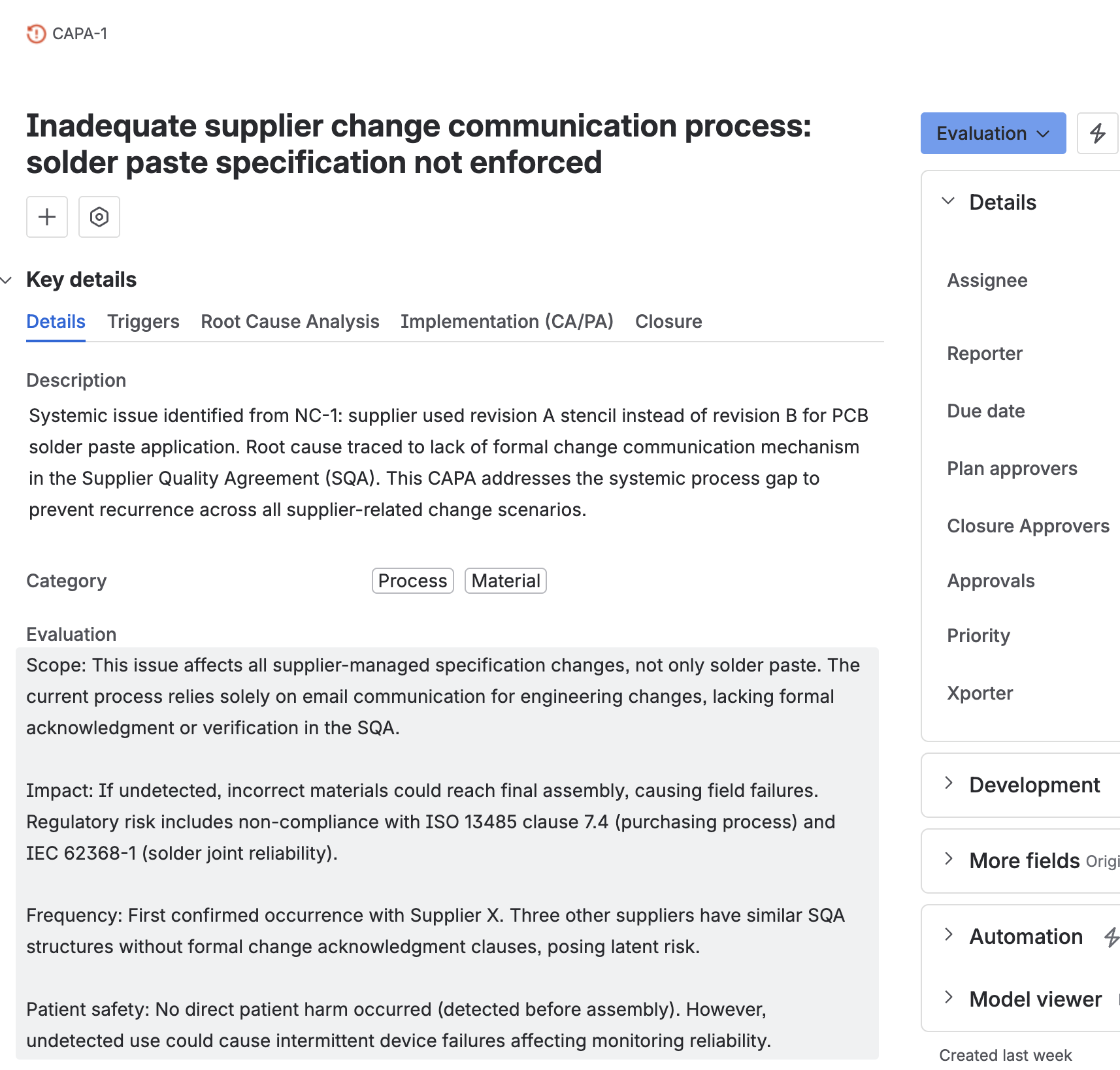 The CAPA’s details tab, with the category set and the evaluation field filled in with the scope, impact, frequency, and patient safety assessment.
