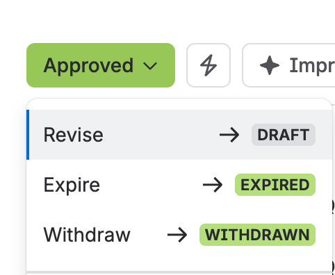The status menu on an approved concession, with Revise highlighted as the transition back to Draft.