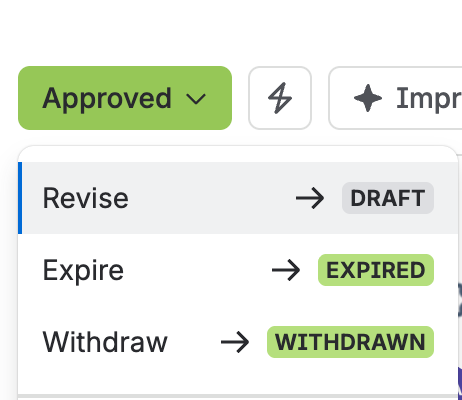 The status menu on an approved concession, listing the Revise, Expire, and Withdraw transitions.