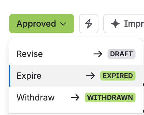 The status menu on an approved concession, with Expire highlighted as the transition that ends it.