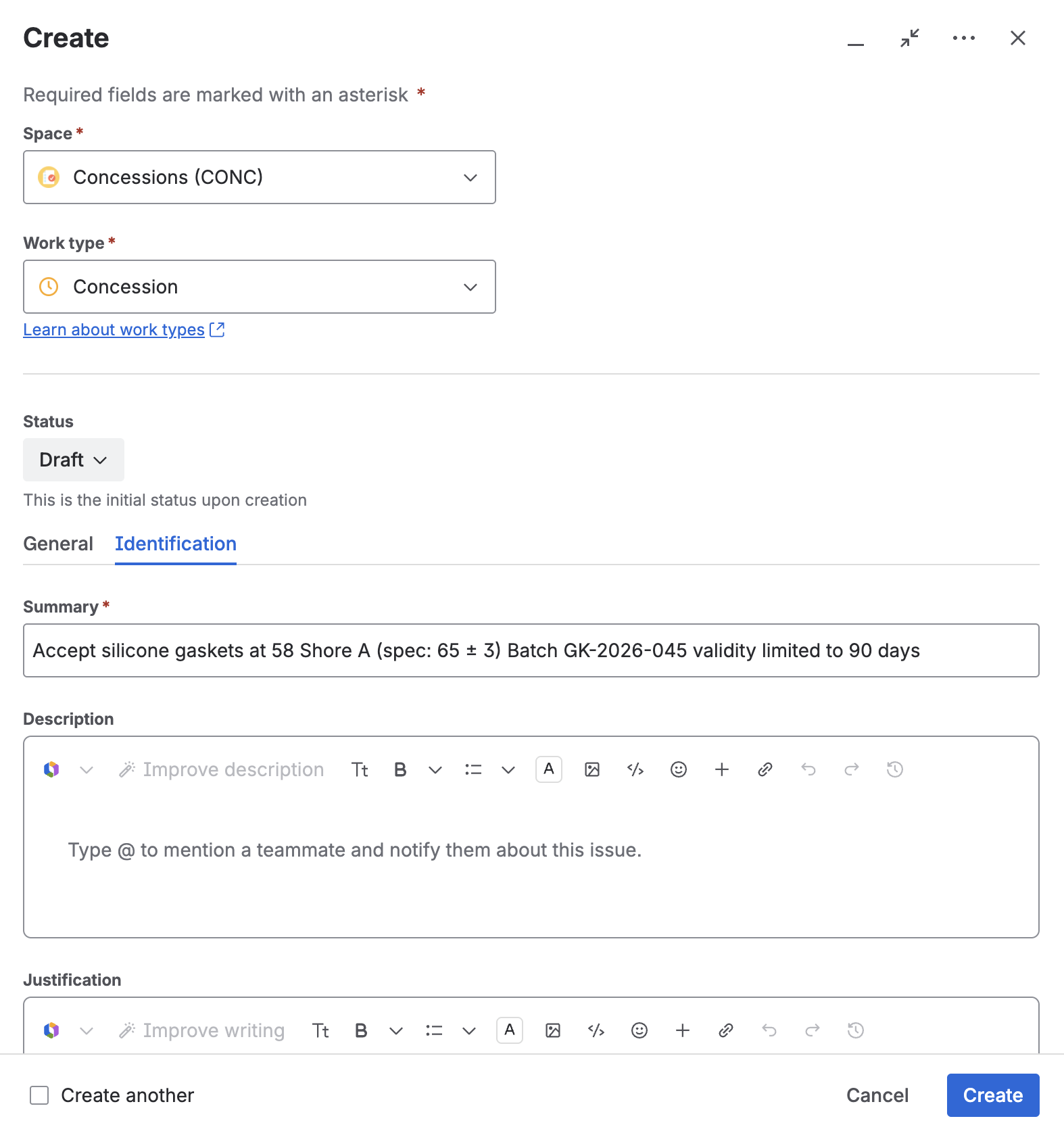 The create dialog for a concession, with the work type set and the summary entered.