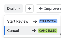 The status menu on a draft concession, with Start Review and Cancel as the available transitions.