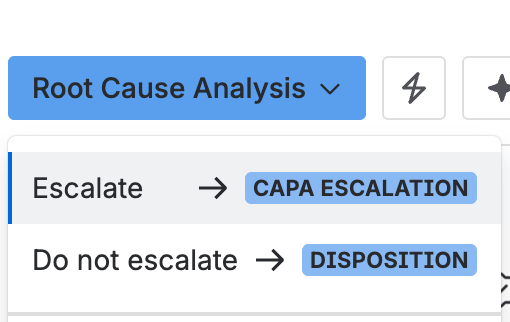 The status menu, with Escalate and Do not escalate as the two ways out of Root cause analysis.