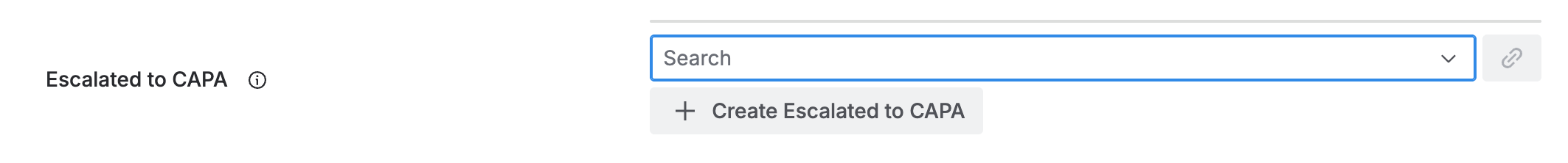 The escalated to CAPA field, with a search box and a button to create a new one.