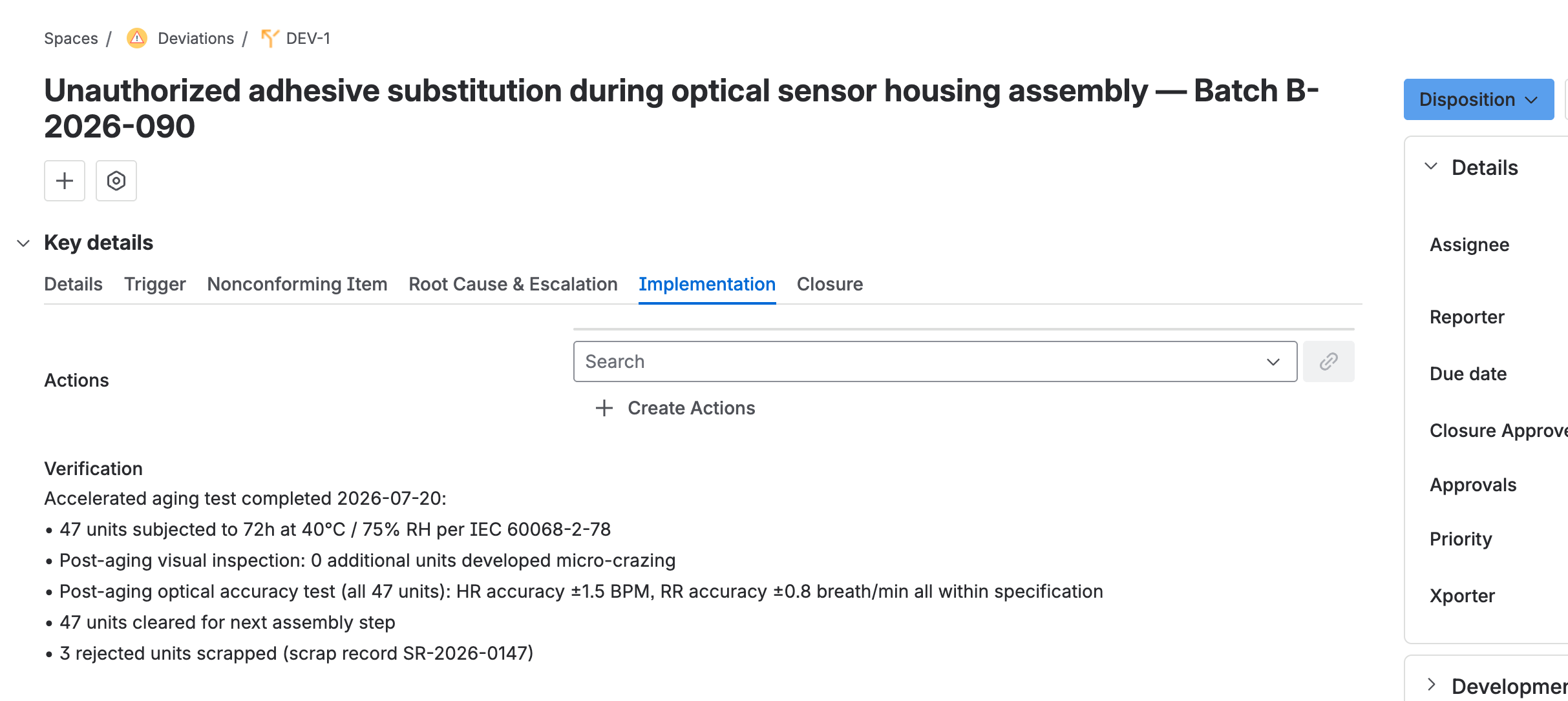 The implementation tab, with the verification of the disposition work filled in.