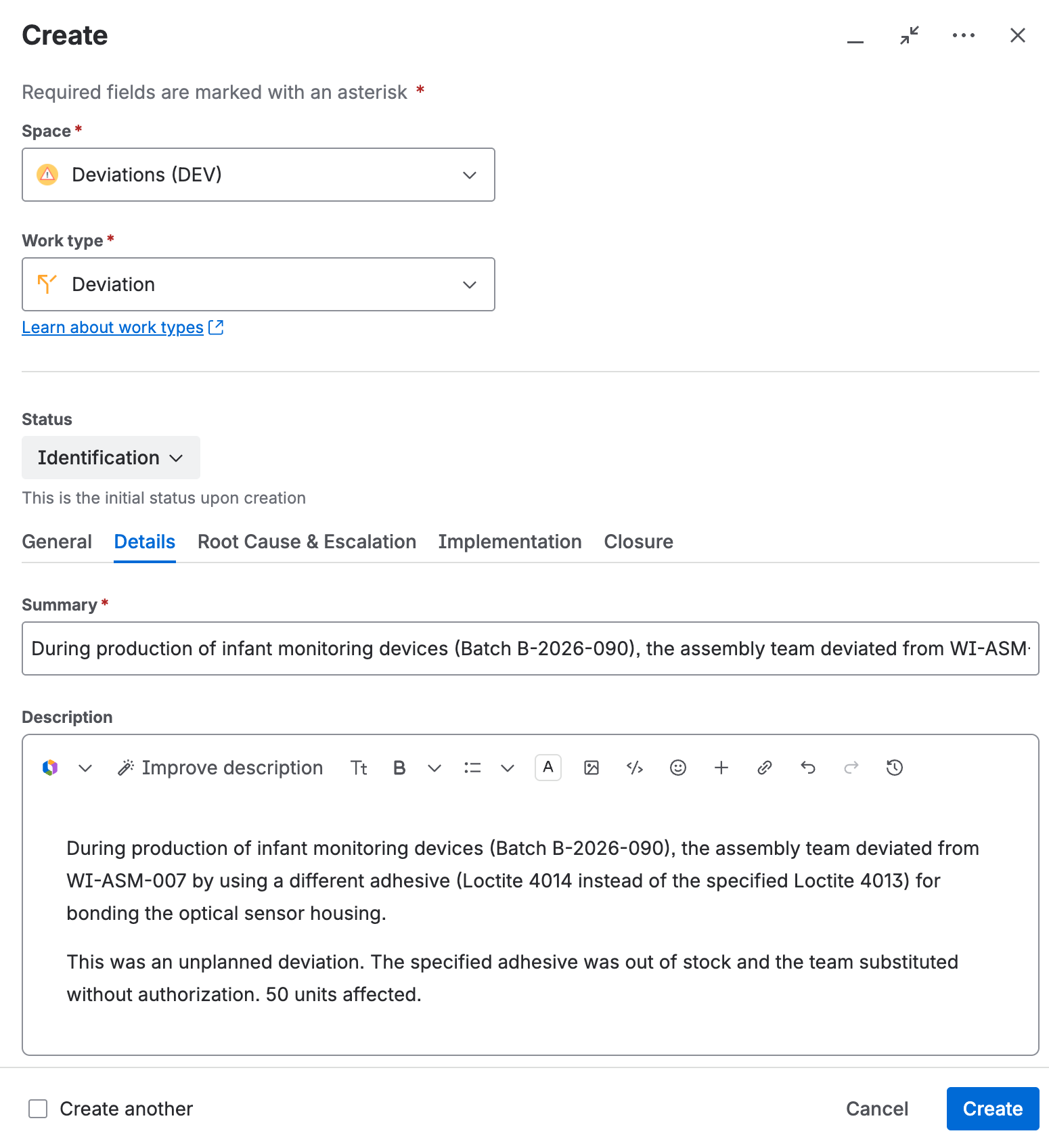 The create dialog, with the Deviations (DEV) space, the Deviation work type, the initial status Identification, and the summary and description fields.