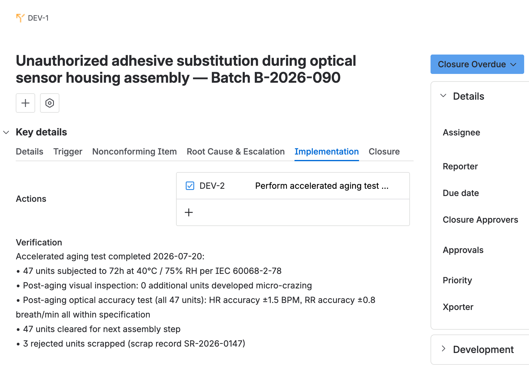 The deviation in Closure overdue status, on the implementation tab, with its linked task and verification.