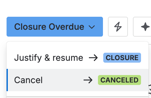 The status menu on a Closure overdue deviation, with Cancel available alongside Justify & resume.