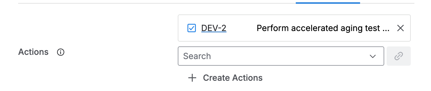 The Actions field on the deviation, linked to a task, with a search box and a button to create another.