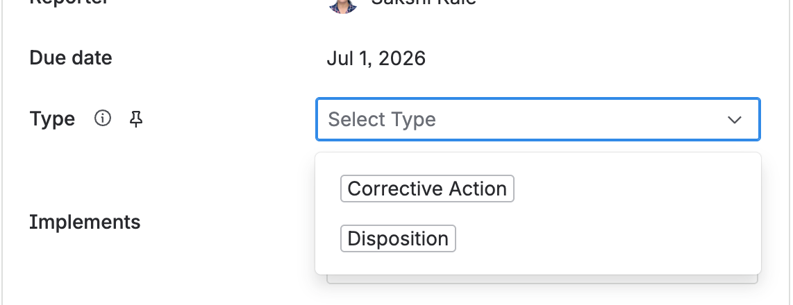 The task’s due date and type fields, with Corrective action and Disposition as the two type options.