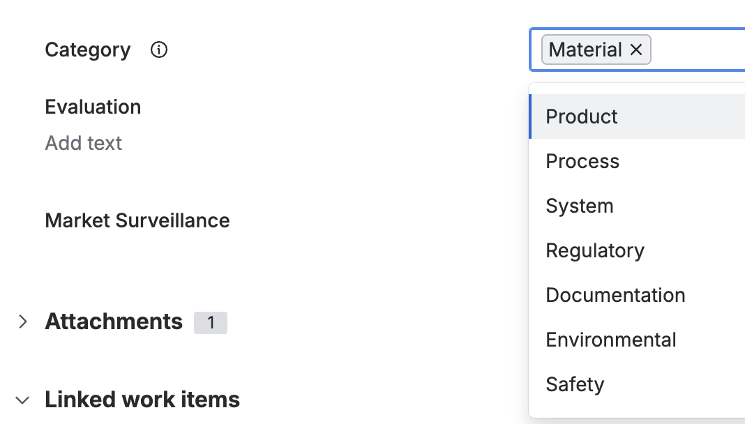 The category field, with Material selected and the remaining options listed below it.