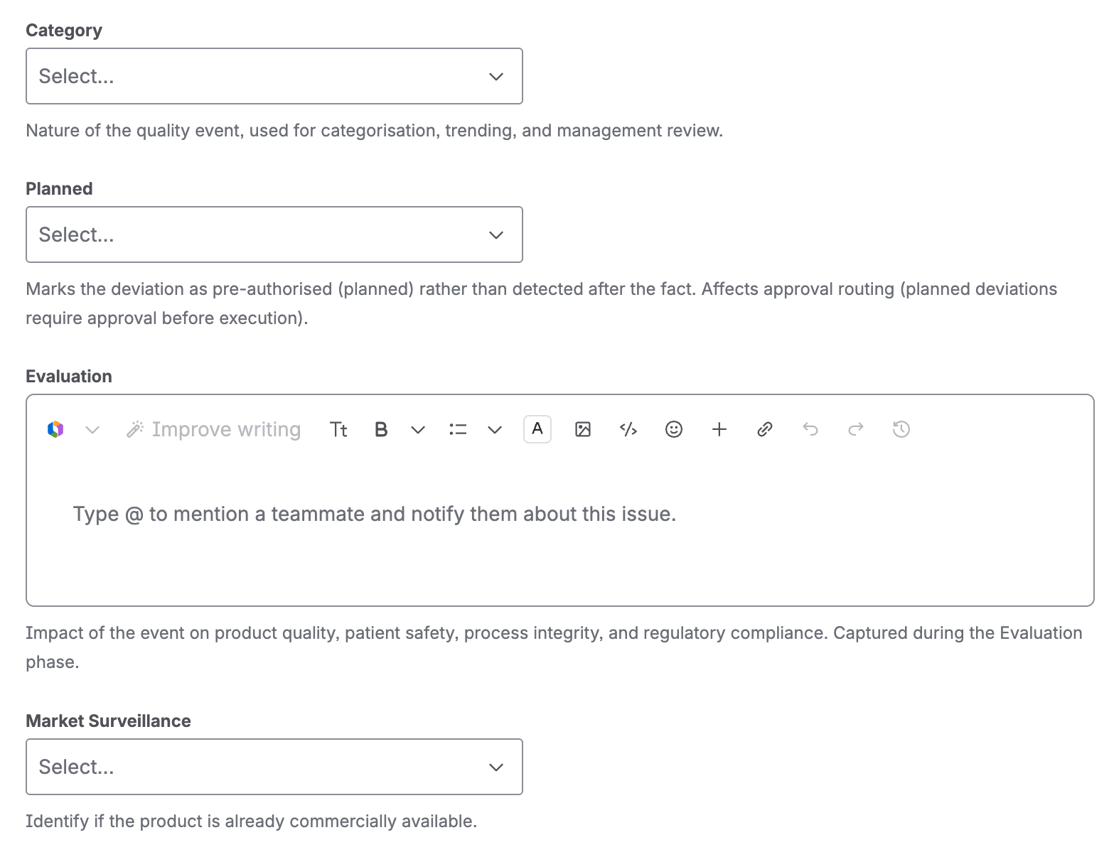 The category, planned, evaluation, and market surveillance fields, each with a short field description.