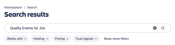 The Marketplace search bar with Quality Events for Jira entered.