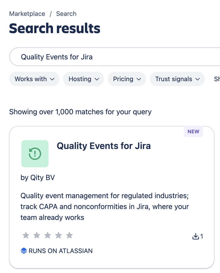 The search results, with Quality Events for Jira by Qity BV at the top.