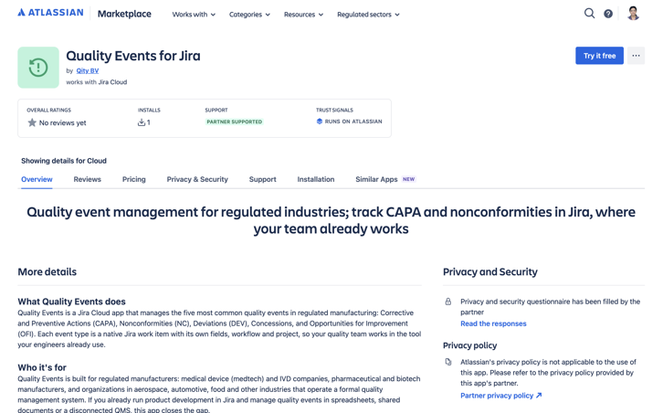 The Quality Events for Jira listing, with its overview, privacy and security details, and the Try it free button.