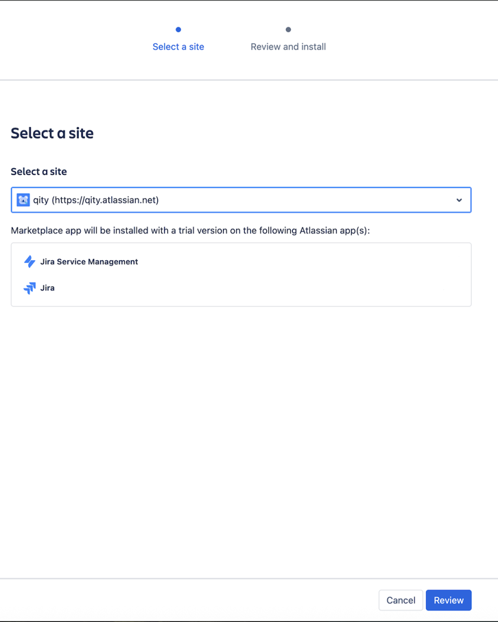 A site selected, with the Atlassian products the app will be installed on listed below it.