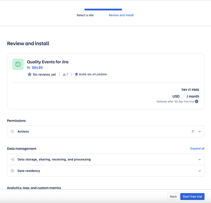 The Review and install step, listing the permissions and data management details, with Start free trial at the bottom.