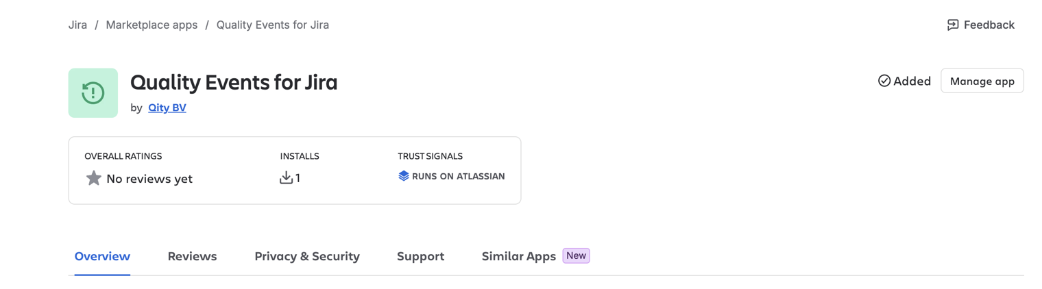 The Quality Events for Jira listing inside Jira, with the Added mark next to Manage app.
