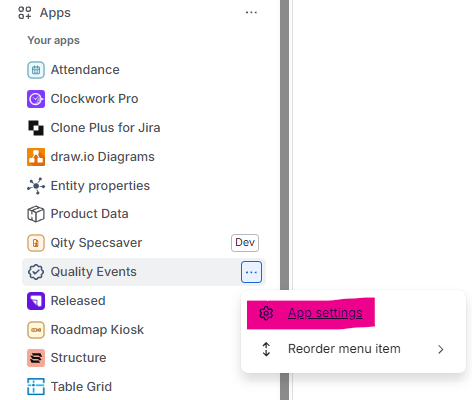 The Apps section of the Jira side menu, with the menu next to Quality Events open and App settings highlighted.