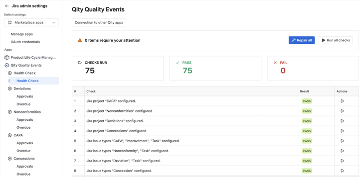 A fully configured health check: 75 checks run, 75 passed, and none failed.
