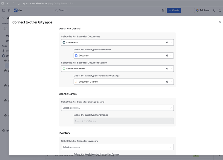 The Connection to other Qity apps dialog, with the Document Control and Change Control connections.