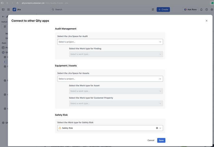 Further down the same dialog, the Audit Management, Equipment and Assets, and Safety Risk connections, with Save at the bottom.