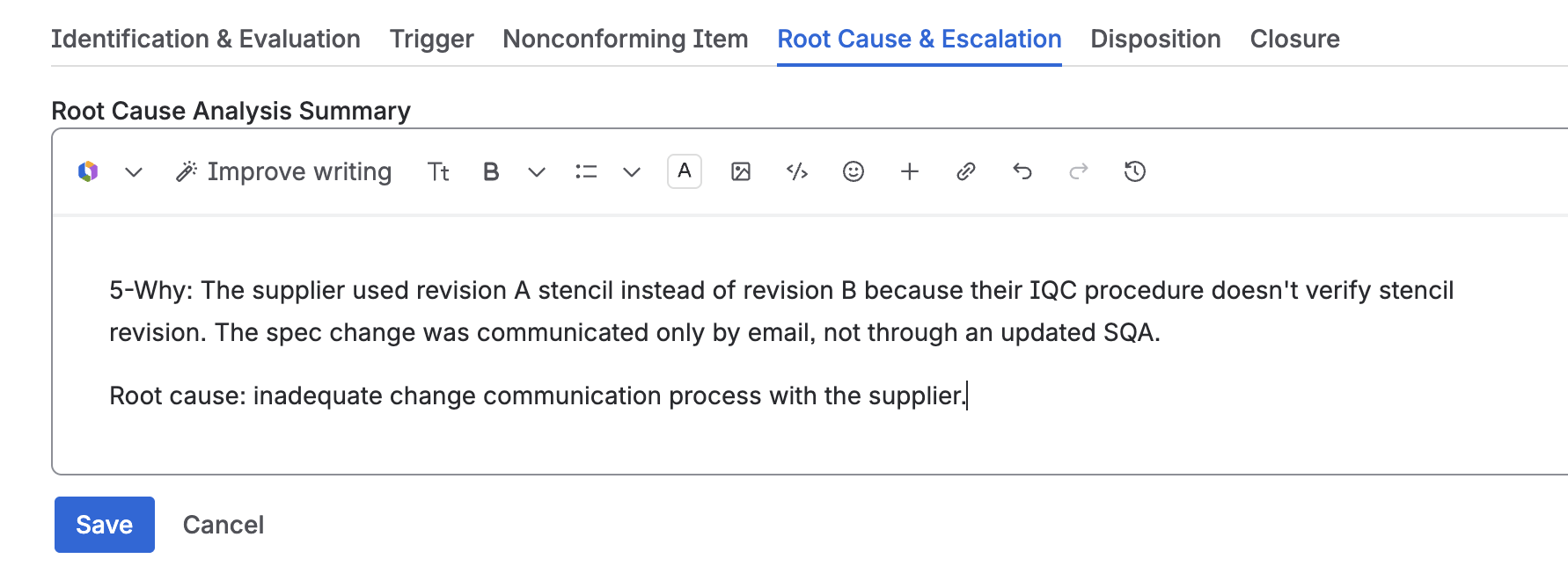 The Root Cause & Escalation tab, with the root cause analysis summary field open for editing.