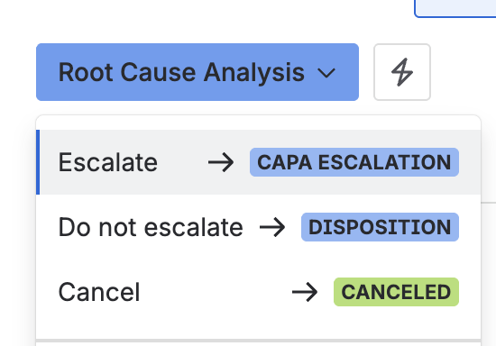 The status menu on a nonconformity in Root cause analysis, with Escalate, Do not escalate, and Cancel as the available transitions.