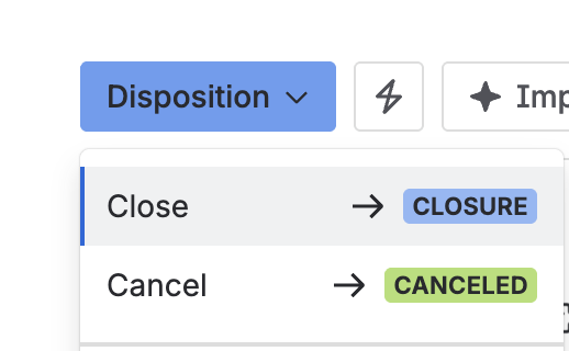 The status menu on a nonconformity in Disposition, with Close and Cancel as the available transitions.