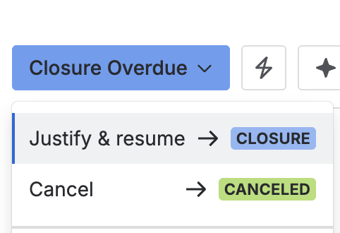 The status menu on a nonconformity in Closure overdue, with Justify & resume and Cancel as the available transitions.