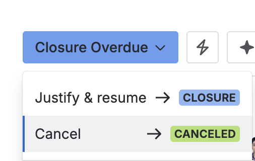 The status menu on a nonconformity in Closure overdue, with Cancel selected.