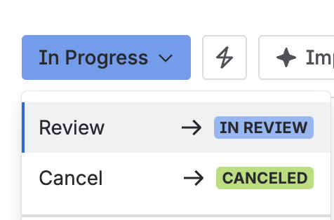 The status menu on a task in In progress, with Review and Cancel as the available transitions.