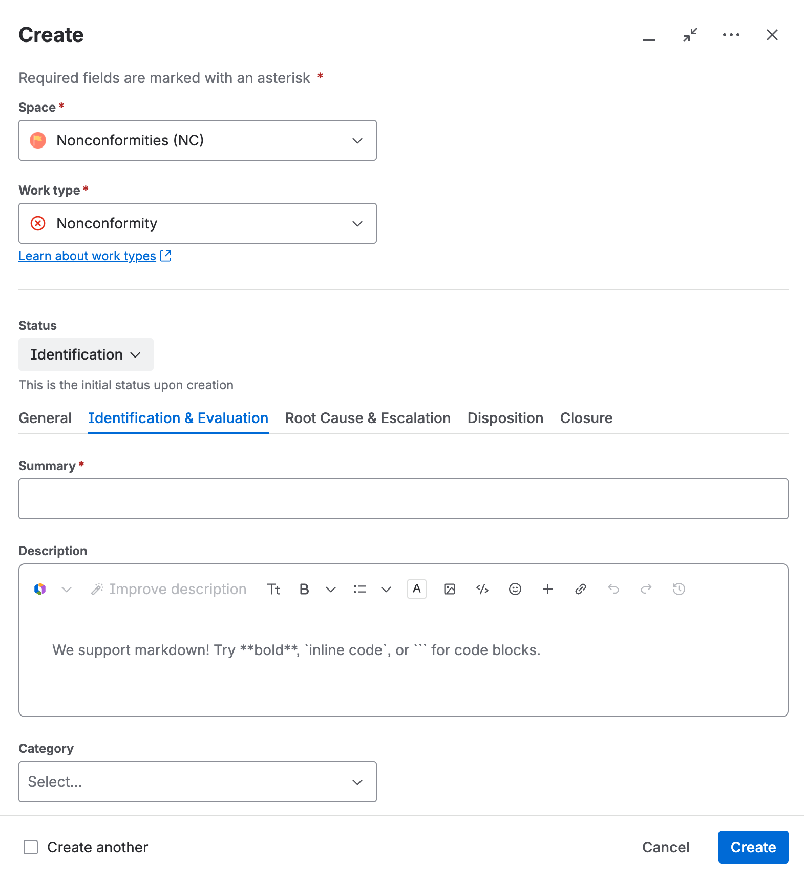 The create dialog, with the space, work type, initial status, summary, and description fields.