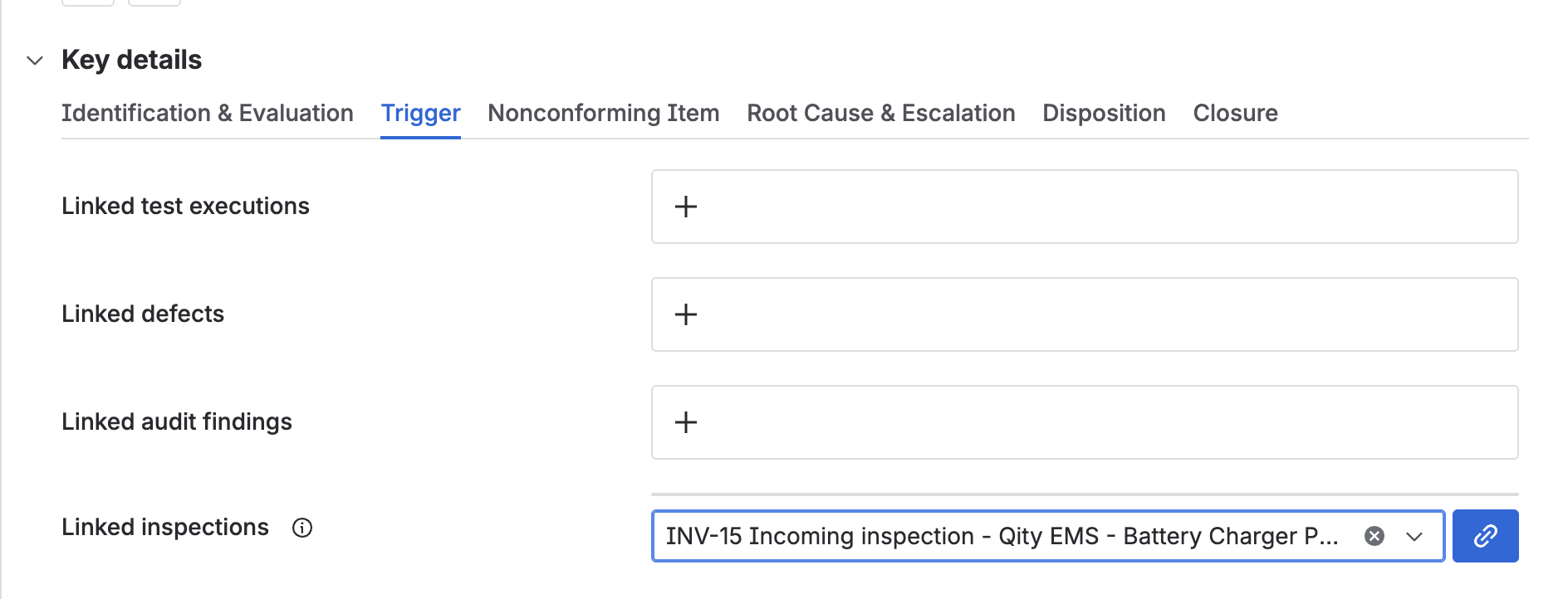 The Trigger tab, with link fields for test executions, defects, audit findings, and inspections.