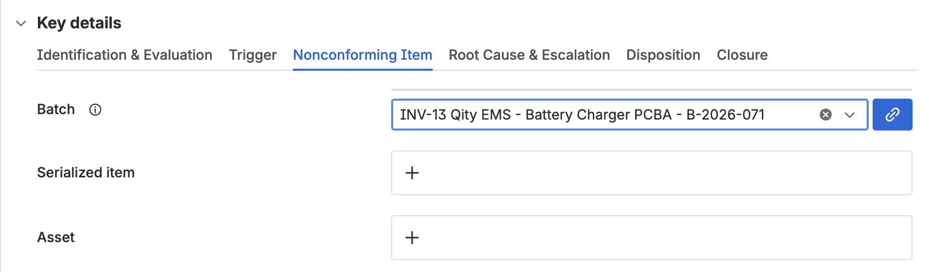 The Nonconforming Item tab, with link fields for the batch, a serialized item, and an asset.