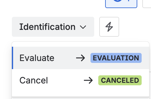 The status menu on a nonconformity in Identification, with Evaluate and Cancel as the available transitions.